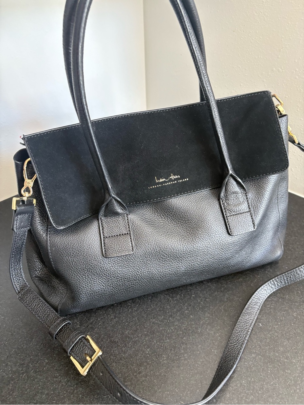 India Hicks Fussy Sarah Black Leather Suede Satchel Tote Crossbody - display